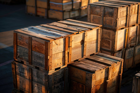 Global Trade: Weathered Wooden Crates with Shipping Labels on Sunlit Tarmacの写真素材