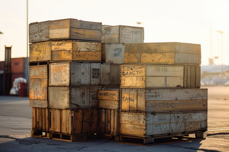 Global Shipping Diversity - Stack of Weathered Wooden Crates with International Labels on Tarmac under Warm Sunlightの写真素材