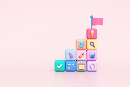 object block step stair children theme small toys flag learning future kids pastel colorful creative education of school success study time management idea imagination. clipping path. 3D Illustration.の写真素材