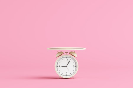 Platform and podium cylinder float pink pastel cute kids minimal. weight scale timetable stand product display clock alarm awake alert of working. pedestal fashion cosmetic or beauty. 3D Illustration.の写真素材