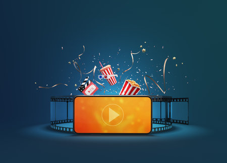 Watching movies cinema or music online entertainment media on smartphone with popcorn, film strip, clapperboard and stereoscopic glasses. Multimedia app service. object clipping paの写真素材