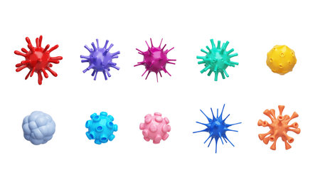 Virus model set.  germs, fungi, bacteria cute cartoon style kids pastel colors plastic objects smooth glossy. learning materials for kids medical. Object with clipping path. 3D Illustration.の写真素材