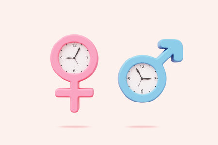 Female male symbol sex gender clock concept. husband and wife pink and blue. working time of lover...