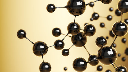molecular or atomic structure shiny black golden brown background. Abstract concept of medical,...