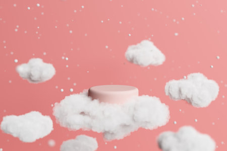 pink pastel podium display layer cloud float snow falling girly girl cute background celebrate sweet. Can put lovely gift box cosmetic for birthday or Christmas, New Year festival. 3D Illustration.の写真素材