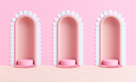 arch platform mannequin art deco or podium pink pastel stand product clothes shop front shopping display advertisement cute sweet baby girl concept. fashion and cosmetic background. 3D Illustration.の写真素材