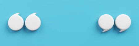 Symbol white 3D quote mark. Glossy material surface on light blue background. Bubble, Chat, Message top view on the ground. object with clipping path. 3D Illustration.の写真素材