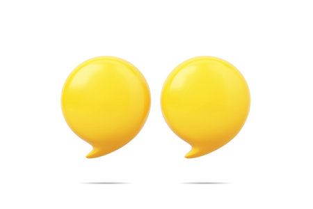Yellow 3D quote mark. Glossy material surface on white background. Bubble, Chat, Message floating on the ground. object with clipping path. 3D Illustration.の写真素材