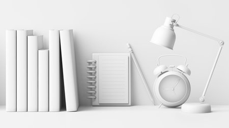 imagine creative idea working table bookshelf pencil alarm clock lamp scene book subjects math...