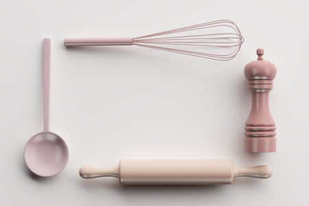 kitchen utensil equipment pastel top view elevation rolling pin pepper mills spoon on cream background. Arrange the elements in a square frame to place the text. copy space. 3D Illustration.の写真素材