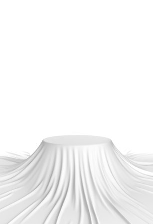 Circle stage podium stand white fabric. White tablecloth wrinkled flow fluttering cloth clean clear concept product design display pedestal advertisement fashion cosmetics skincare. 3D Illustration.の写真素材