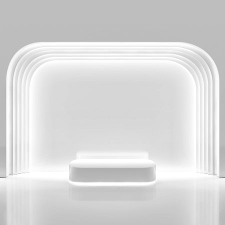 arch white platform podium fluorescent light clean cool bright laboratory. futuristic glow light bright gleam linear product display stand. pedestal for beauty cosmetic or skin care. 3D Illustration.の写真素材
