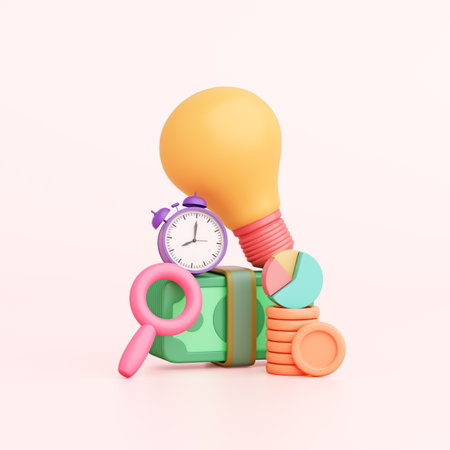 Dollar object with coins, yellow light bulb, clock, pie chart. Money profit trading finance...