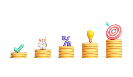 symbol stairs step money coin with light bulb, clock, check mark, archery target and percentage object. success goals investment financial profit income and business.  3D illustration.の写真素材