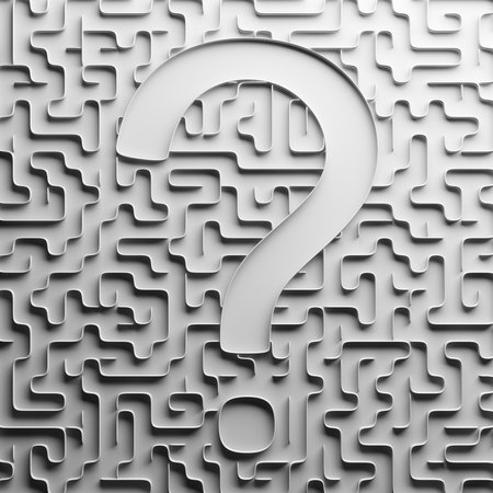 Maze white 3d confusing exit find adventure travel question mark symbol outline line connection partition room space. black and white labyrinth with puzzles hide the mystery. 3d illustration.の写真素材