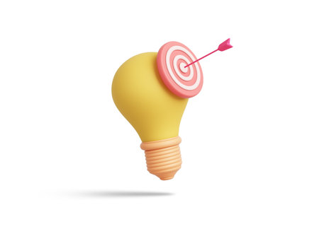 pink bullseye target bow arrow yellow pastel light bulb object startup idea creative imagination jackpot highest point goals and winning education or business success.の写真素材