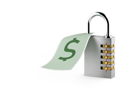 Lock master key letter alphabet question mark money dollar currency code unlock secret padlock security keyless password. Strategic investment economy and business. clipping path. 3D Illustration.の写真素材