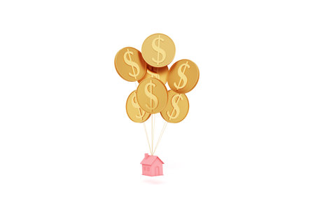 balloon shape coin gold dollar money cash currency usa house model scale small tiny floating on the air profit interest buy housing estate craft loan rent. Finance and Real Estate. 3D illustration.の写真素材