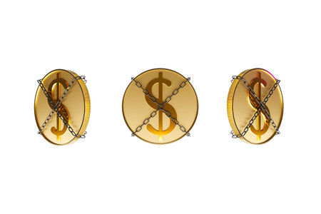 security gold coin dollar chain side elevation sign $ currency shackle money cash manacle front. Isolated with clipping path. Strategic investment finance economy and business. 3D Illustration.の写真素材