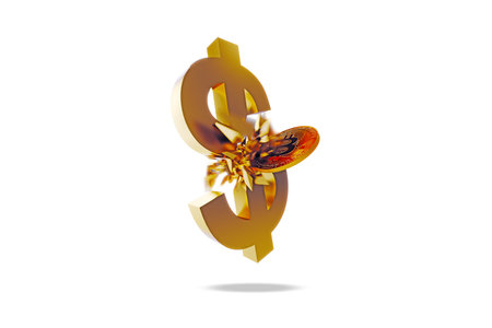 3d bitcoin and us dollar logo. falling money pieces bomb collide crash gold coin dollar symbol shatter white background. Strategic investment finance economy and business. 3d illustration.の写真素材