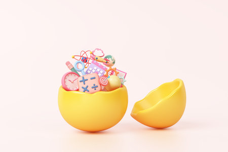 Open yellow eggshell creative idea light bulb work or kid study learning education of school science technology imagine with clock rocket pastel object pink background.   3D Illustration.の写真素材