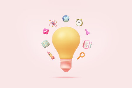 creative ideas light bulb work or study online learning education internet for school timetable science technology imagination with pencil clock rocket pastel object. clipping path. 3D Illustration.の写真素材