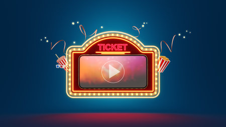 Retro cinema or theater frame ticket watching movies online Entertainment media on smartphone with popcorn, 3D glasses, ribbon. Multimedia application service. object clipping path. 3D Illustration.の写真素材