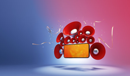 party social network confetti celebration speaker mobile online concert entertainment music connect live stream. Watching cinema and media. object clipping path. 3D Illustration.の写真素材