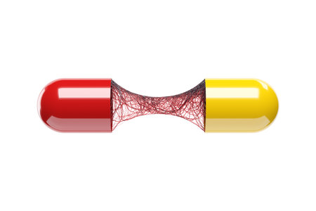 abstract yellow red capsule pill separate red blood veins object on white background. Pharmacy and viewing and health. medical and chemistry concept. Isolated  . 3D Illustration.の写真素材