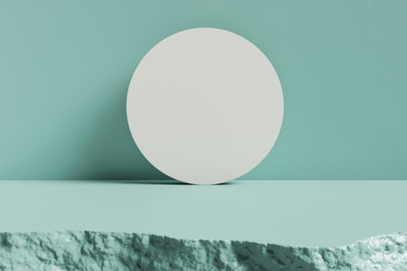 Stage podium stand blue green background. Concrete floor or stone on the side as a wall. Advertising display space for placing products fashion cosmetics and art. copy space. 3D illustration.の写真素材