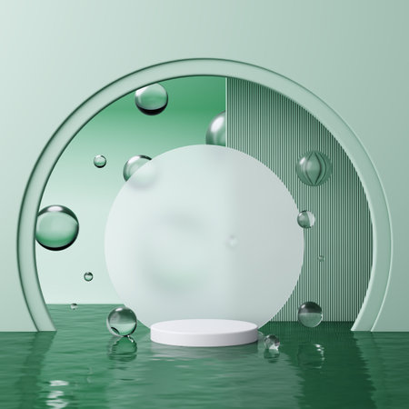 green circle arch stage podium and bubbles sphere with frosted glass on the water surface. stand display luxury elegant counter brand advertising cosmetic beauty product or skin care. 3D Illustration.の写真素材