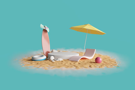 beach island vibe summer sun hot sea surf ball umbrella sun chair lifering enjoy relax vacation holiday travel display and podium product advertisement fashion cosmetics skincare. 3D illustration.の写真素材