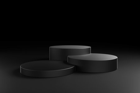shadow podium stand product display black commercial advertisement lighting stage dark shine black white 3 step stair concept. Platform for jewelry fashion cosmetics and skincare. 3D Illustration.の写真素材