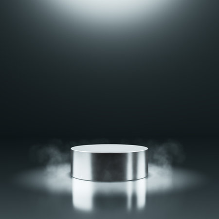 Podium black dark metal, stainless steel texture surface, chrome or silver reflection back light glow product display luxury advertisement pedestal futuristic light shadow background. 3D illustration.の写真素材