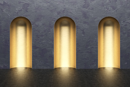 concrete display concave wall shadow commercial bare expose raw modern design 3d stand product fashion commercial texture rough arch gold hallway luxury reflect light dark. 3D Illustration.の写真素材