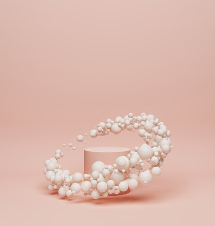 stage stand pink pastel round circle. Surrounded by small and large spheres arranged in a molecule or pearl precious. beauty podium advertisement for cosmetic skin care and fashion. 3D Illustration.の写真素材