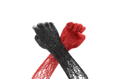 Anti-inequality unequal and arm wrestling concept. Bare hand fist cross shaped strings outline body movement red blood vessel tangled on white background.   3D Illustration.の写真素材