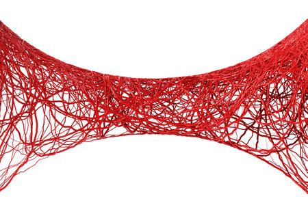 Spiral red blood veins, arteries, aorta knit tangled zoomed in white background. medical science in lab. gene dna or vascular disease circulatory system.  3D Illustration.の写真素材