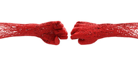 battle and leadership boxing punch knockout fist 2 hands bro fist red blood vessels veins inside out muscles outline white background. Medical anatomy concept.  . 3D Illustration.の写真素材