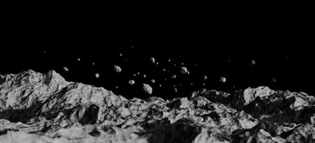Space background. ground of meteorite rock, stone asteroid rough mountain surface light shadow float outer galaxy planet dark black white. Astronomy cosmos abstract. Wallpaper banner. 3D Illustration.の写真素材