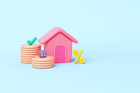 finance land purchase building construction real estate business profit and budget. residential as house with coin dollar, percentage, check mark and calculators.  . 3D Illustration.の写真素材