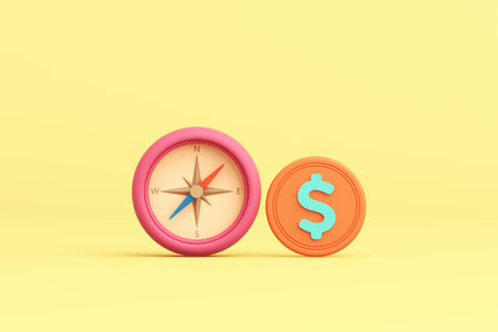 Compass and us dollar startup planning financial economy investment business banking profit direction. Coin money cash savings growth. Stock market strategy security learn connection. 3D illustration.の写真素材