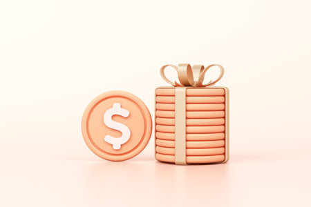 stacked gold coins tied with bow and ribbon in gift box idea. gift voucher, business profit, bonus special and promotion cash back or bank bank interest money. object   . 3D Illustration.の写真素材