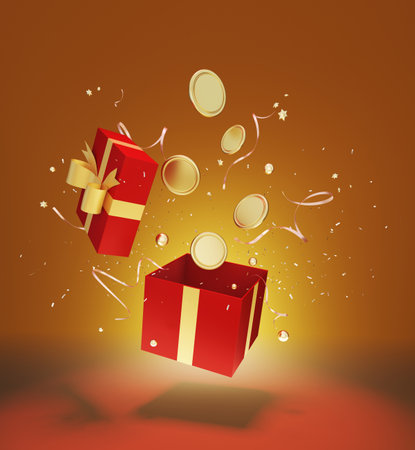 Open red gift box with gold coin, ribbon, confetti gift voucher exchange points card vip exclusive special promotion cash back credit strategy marketing free privilege.   . 3D Illustration.の写真素材
