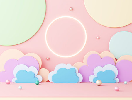 stage podium party kid cute theme. sun neon light colorful cloud sky and star backdrop with sphere balls on pink floor. playground, nursery and performances shows festival fun child. 3D Illustration.の写真素材