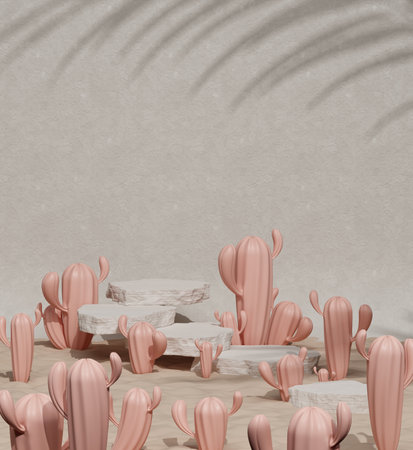 cactus plant pink display podium or showcase product cosmetic girl female platform rock stone commercial advertisement scene backdrop prop sand floor beach vibe desert hot summer. 3D illustration.の写真素材