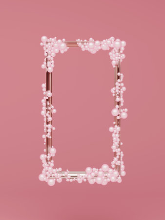 Frame luxury rose and pink gold bubble or pearl glow pastel concept female classic vintage beautiful picture custom cute element for wedding card cosmetic and fashion.の写真素材