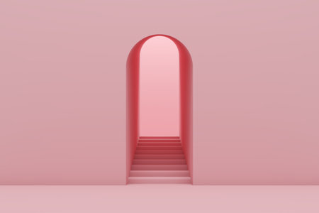 arched entrance castle way up staircase step and wall architecture pink light stand female display...