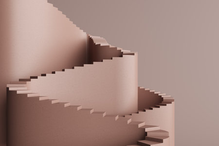 spiral staircase circular concrete pink light stairs round concept minimalist walk continuous high. walkway up to a castle bastion or city wall concept. Studio scene for photography. 3D illustration.の写真素材