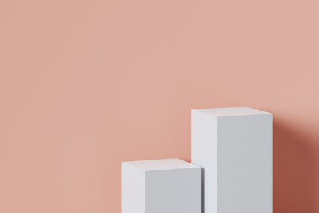Stage podium stand background. Two white boxes are placed beside the peach colored walls. Advertising display space for placing products fashion cosmetics and art. copy space. 3D illustration.の写真素材